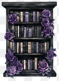 PNG Bookshelf around the purple and black roses bookshelf illustration art.