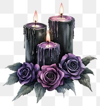 PNG 3 Candles with purple and black roses candles illustration gothic.