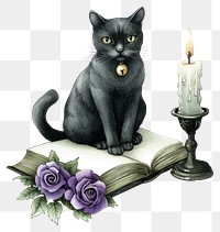 PNG Cat sitting on a book candle roses cat.