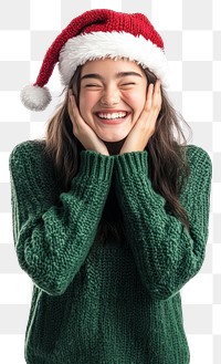 PNG Happy woman in a green sweater and Christmas hat winks christmas clothing holiday.