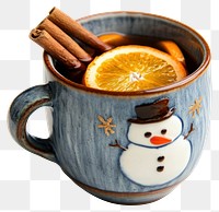 PNG Cute pottery tea cup snowman orange beverage.