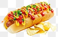 PNG Hotdog with potato chips on background ketchup white.