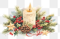 PNG Christmas candle with pine and berry brunches illustration watercolor berries.