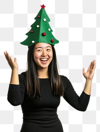 PNG A happy Asian woman wearing a christmas tree hat photography portrait festive.