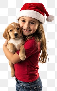 PNG A happy girl kid wearing christmas hat carry a puppy photography background portrait.