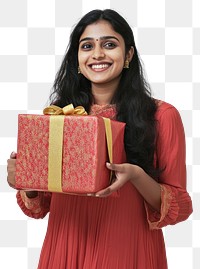 PNG A happy indian woman carry a christmas gift festive human celebration.