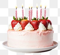 PNG A pound of cute strawberry birthday cake with candles on top of it on the white dish dessert cream fruit.