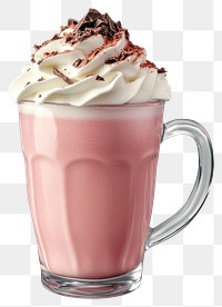 PNG A transparent glass mug of pink milk smoothie with whipping cream on top and cocoa power on top of the whipping cream drink beverage dessert.