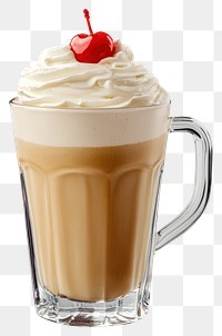 PNG A transparent glass mug of vanila smoothie with whipping cream on top and cherry on top of the whipping cream drink photography beverage.