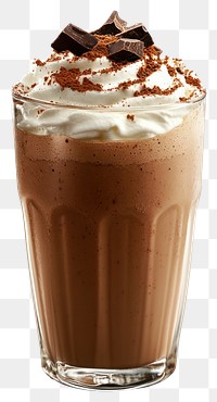 PNG A glass of chocolate smoothie with whipping cream on top and cocoa power on top of the whipping cream drink milkshake beverage.