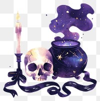 PNG Skull next to cauldron purple illustration witchcraft.