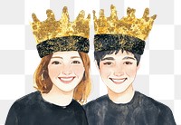 PNG Happy Couple wearing Matching Gold and Black Glitter Crowns crowns illustration watercolor.