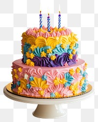 PNG Perfect two-tier colorful birthday cake dessert candles cream.