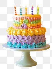 PNG Perfect two-tier colorful birthday cake dessert candles cream.