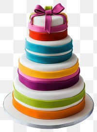 PNG Three-tier fondant birthday cake ribbon multicolored celebration.