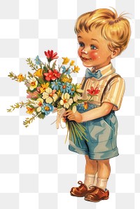 PNG Vintage illustration of cute boy holding a flower bouquet flowers child style.