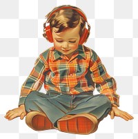 PNG Vintage illustration of cute boy Listening to music with headphones listening style photography.