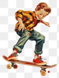 PNG Vintage illustration of cute boy Riding a skateboard style art skateboarding.