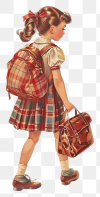 PNG Vintage illustration of cute girl Walking with school bag plaid style old-fashioned.