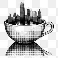 PNG A cityscape reflected in a cup of tea art black white.