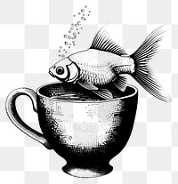 PNG Goldfish swimming in a teacup black white art.