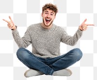 PNG Excited young man sitting sweater background clothing.