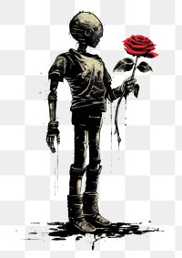 PNG A robot holding a wilted flower nature design rose.