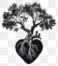 PNG A tree with roots intertwined into a human heart nature design black.