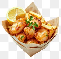 PNG Sea Scallop deep fried basket with fries and lemon appetizing container delicious.