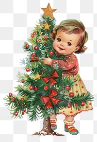 PNG Baby girl smile hugging a christmas tree vintage retro baby.