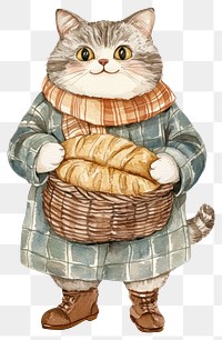 PNG A chubby cat carry a bread clothing illustration watercolor.