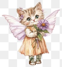 PNG A chubby cat with fairy wing wearing cute dress carry a purple flower art illustration watercolor.