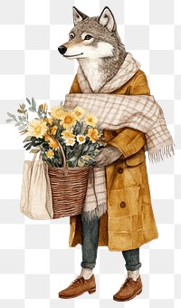 PNG A wolf carry a flower basket illustration watercolor clothing.