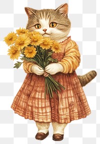 PNG A chubby cat wearing dress carry yellow flower bouquet flowers art illustration.