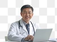 PNG Happy mature asian doctor looking young and smart using laptop looking at camera professional consultation electronics.