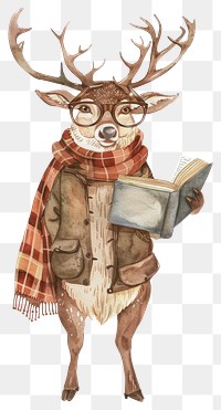 PNG A reindeer standing reading a book wearing glasses watercolor illustration animal character.