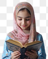 PNG Muslim girl reading quran clothing happy book.