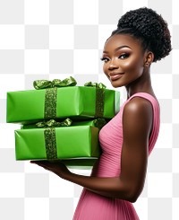 PNG A woman wearing pink party dress carry green christmas gifts holiday festive celebration.