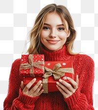 PNG An american woman wearing red sweater carry christmas gifts holiday happy accessories.