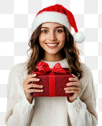 PNG An american woman carry a christmas gift happy background sweater.