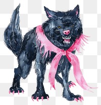 PNG Halloween black werewolf with pink ribbon on the neck art illustration watercolor.