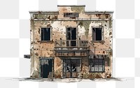 PNG Architecture illustration abandoned building white background deterioration neighbourhood.