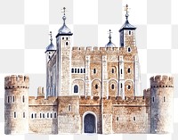 PNG Tower of London castle architecture illustration watercolor.