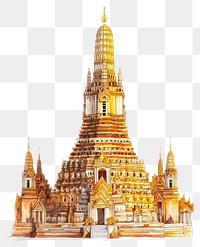 PNG Wat Arun temple architecture illustration watercolor.