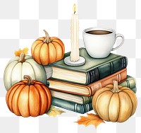 PNG 3 books in pile pumpkins coffee candle.