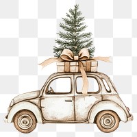 PNG Car with a Christmas tree on the roof christmas illustration watercolor.