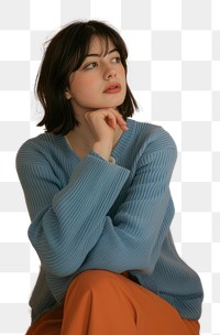 PNG An attractive young adult woman with shoulder-length hair background blue contemplative.