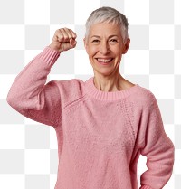 PNG A happy senior woman with short gray hair sweater background celebrating.