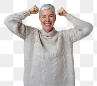 PNG A happy senior woman with short gray hair sweater background portrait.