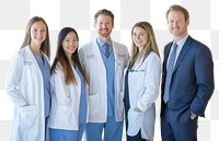 PNG Five medical professionals standing coats smiling doctors.